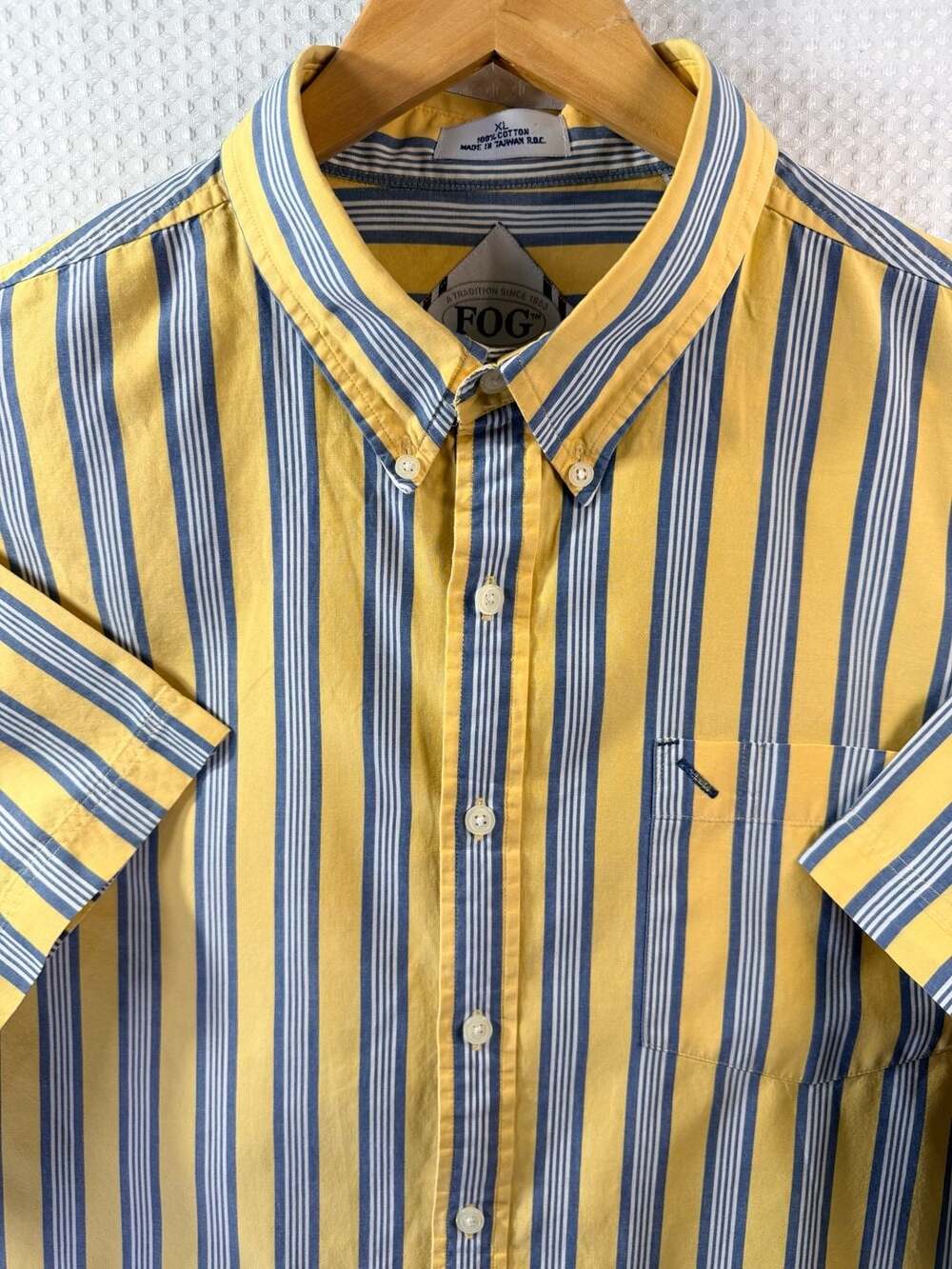 London Fog Short Sleeve Button-Down Shirt, Yellow and Blue Striped, 100% Cotton - Picture 4 of 6